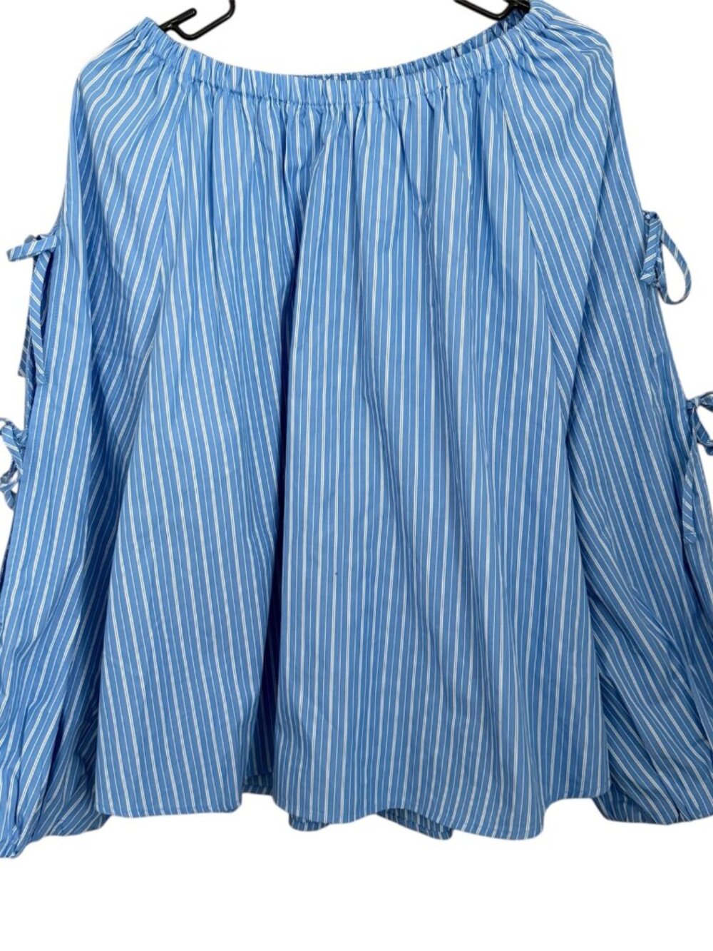 Off Shoulder Top XL Blue White Striped Ties Split Balloon Sleeve Beachy Coastal